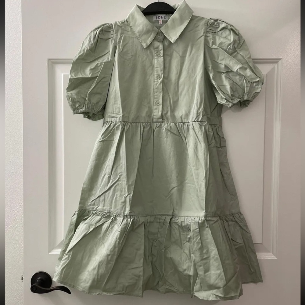TCEC button down poplin shirt dress with puff shoulders